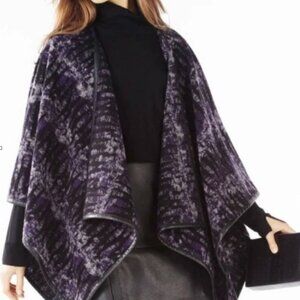 BCBG MAXAZRIA Cape Wrap Shawl Black Gray Purple W/Leather Trim Winter Travel OS